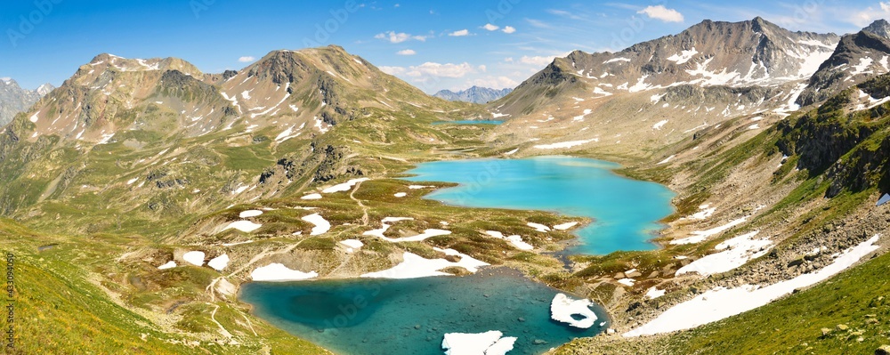 large mountain panorama with the joeriseen above the flueela pass. Nice view of the clear blue mountain lake. Davos