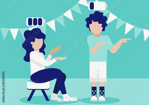Introvert want to go home  talking with extrovert  feel tired at the party  battery energy low  explain difference  vector flat illustration introvert and extravert