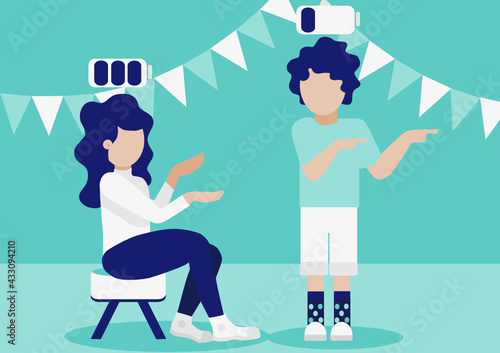 Introvert want to go home, talking with extrovert, feel tired at the party, battery energy low, explain difference, vector flat illustration introvert and extravert