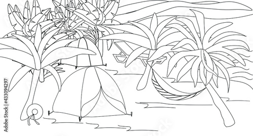 Coloring book with camping in the rainforest by the sea. Illustration with a tent, hammock, chaise longue and palm trees. For page, game, book illustration