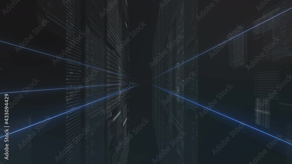 Flight through walls from digital code background animation loop. Seamless looping inside computer system.