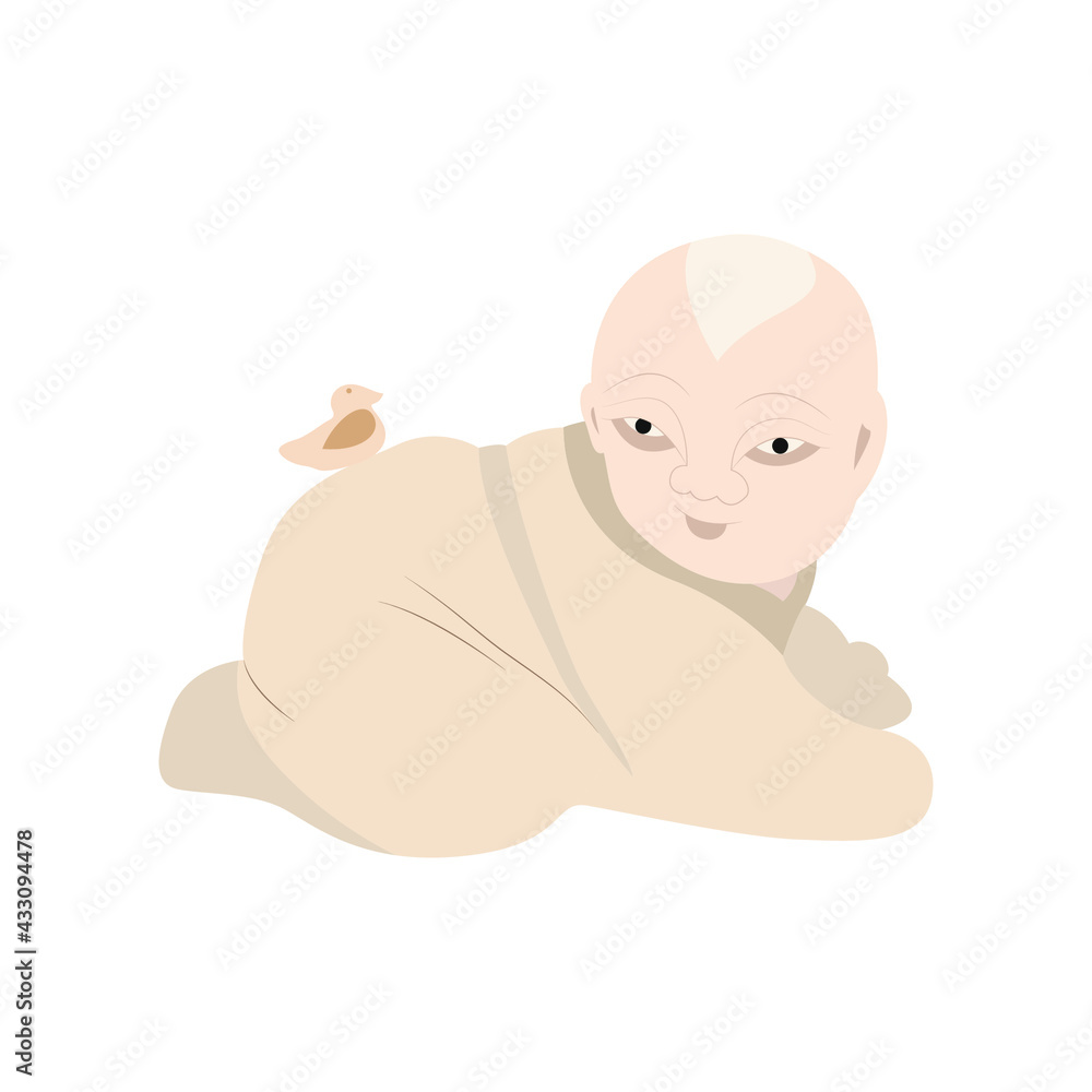 Netsuke baby with a sparrow, vector image. A symbol that brings happiness, heavenly patronage and protection. Feng Shui talisman. Netsuke baby with a sparrow, vector image. A symbol that brings happiness, heavenly patronage and protection. Feng Shui talisman.