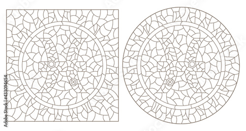 Set of contour illustrations in the style of stained glass with the signs of the zodiac pisces, dark contours on a white background