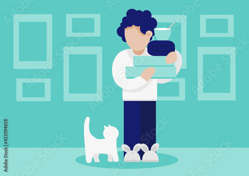 Introvert person hang board games box in to the  bedroom and his cat, person in funny slippers in home isolation, vector flat illustration of homebody