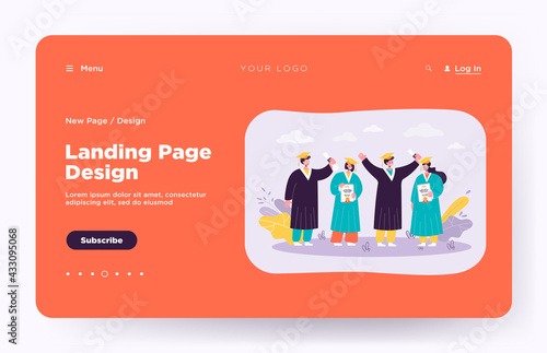 Happy graduated student standing and holding diplomas isolated flat vector illustration. Smiling guys and girls wearing academic gowns and graduation caps. College and university education concept