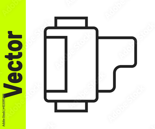 Black line Camera vintage film roll cartridge icon isolated on white background. 35mm film canister. Filmstrip photographer equipment. Vector