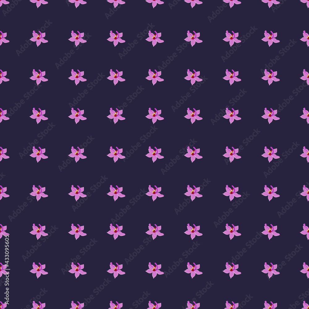 Abstract bloom seamless pattern with pink orchid flowers silhouettes. Navy blue background. Abstract bloom seamless pattern with pink orchid flowers silhouettes. Navy blue background.