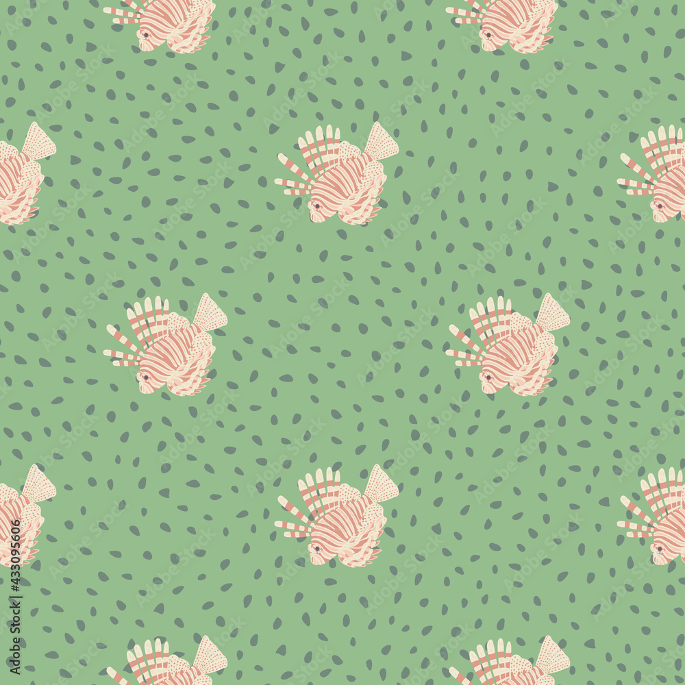 Pink colored lionfish silhouettes seamless pattern in nature theme. Green dotted background. Abstract style. Pink colored lionfish silhouettes seamless pattern in nature theme. Green dotted background. Abstract style.