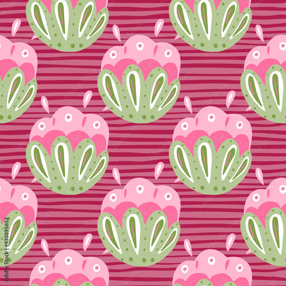 Green flower buds seamless doodle pattern in folk style. Bright pink striped background. Decorative artwork. Green flower buds seamless doodle pattern in folk style. Bright pink striped background. Decorative artwork.