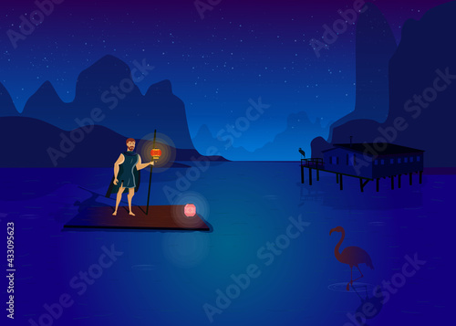 Man standing on raft in middle of lake. Cartoon vector illustration. Man in medieval clothes rafting on wooden platform at starry night with flamingos standing in water. Fairytale, myth, history