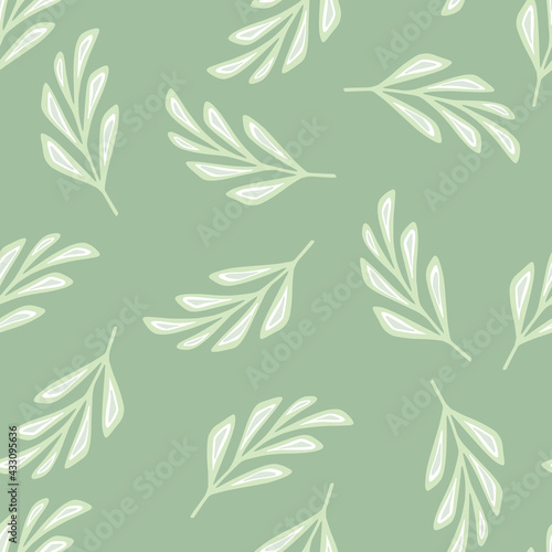 Nature seamless pattern with white random geometric branches elements. Light green background. © smth.design