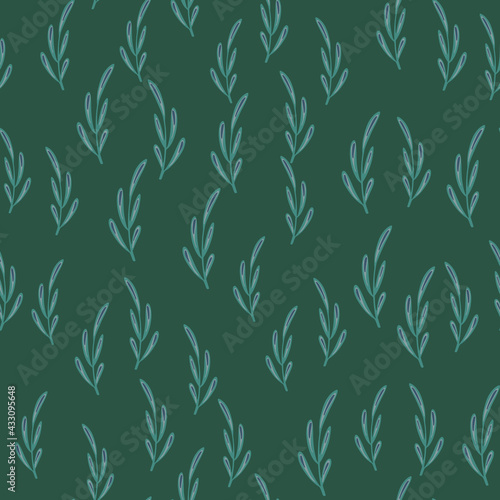 Fototapeta Naklejka Na Ścianę i Meble -  Botanic abstract seamless pattern with little random blue contoured doodle branches ornament. Green background.