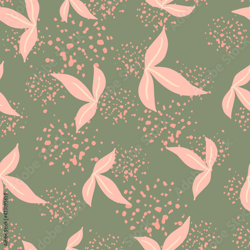 Random seamless botanic pattern with pink simple leaf ornament. Green background with splashes.