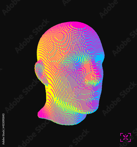 3D model of men's head on a dark background. Technology and robotics concept. Voxel art. Vector illustration for presentations, flyers or posters.