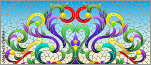 Illustration in stained glass style with abstract flowers, leaves and curls on a blue background, rectangular horizontal image