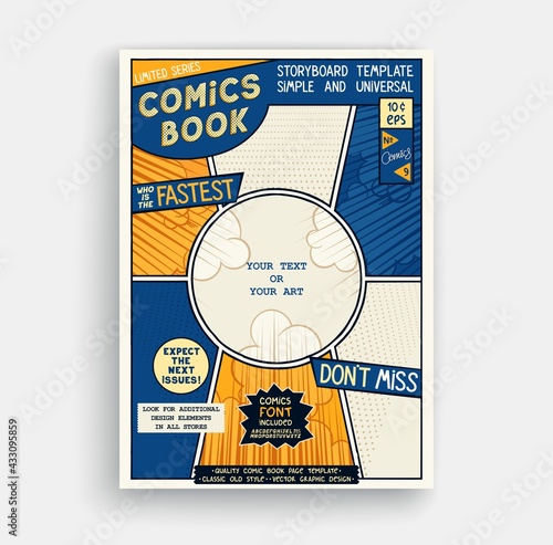 Comic book page template. Classic storyboard artwork. Comics magazine cover. Vector graphics