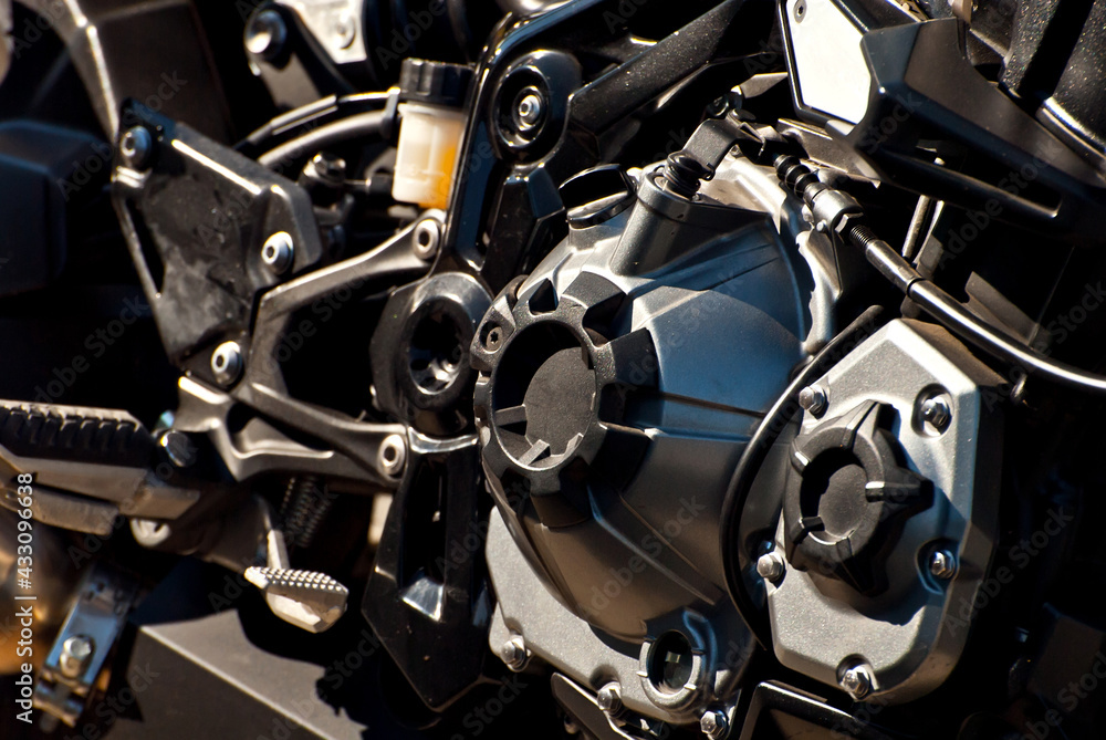 Motorcycle engine closeup. chrome engine parts. Shiny smooth details.