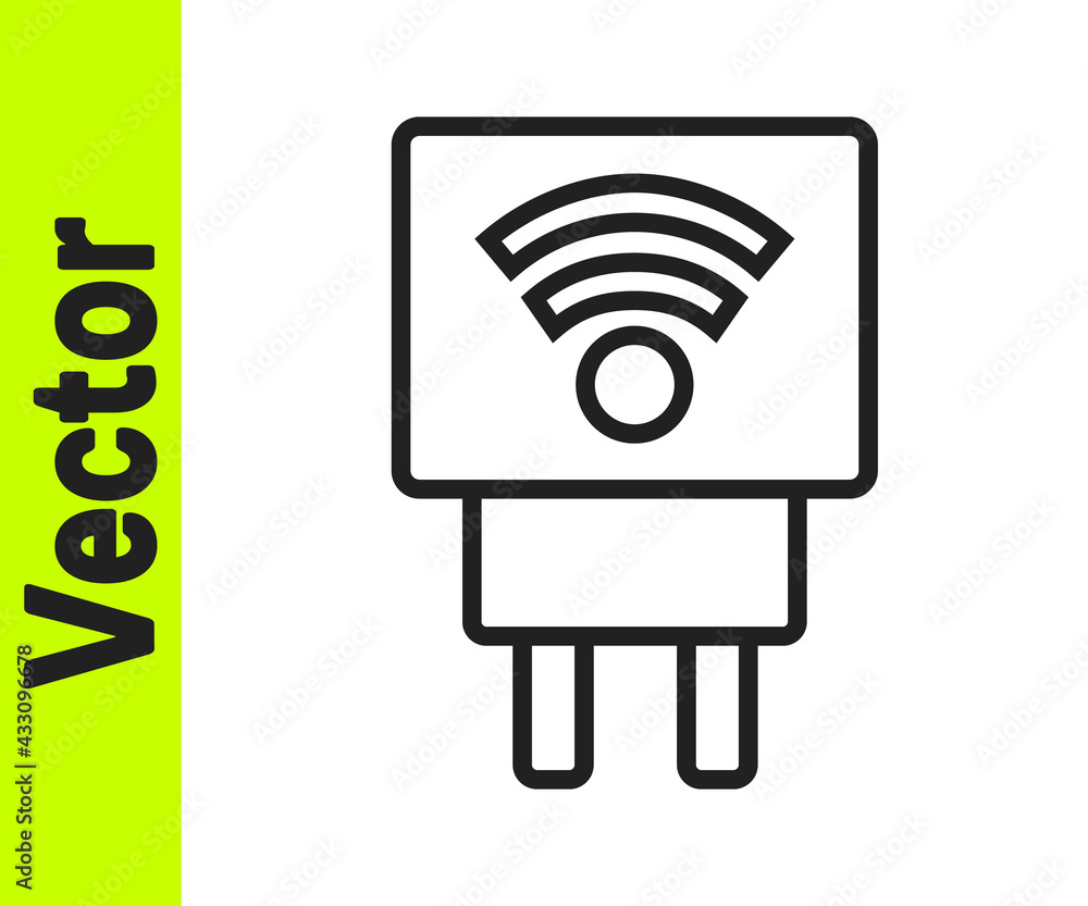 Black line Smart electric plug system icon isolated on white background. Internet of things concept with wireless connection. Vector