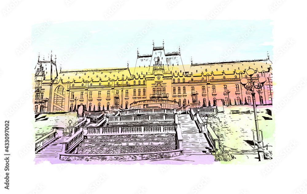 Building view with landmark of Iasi is a university city in eastern Romania. Watercolor splash with hand drawn sketch illustration in vector.