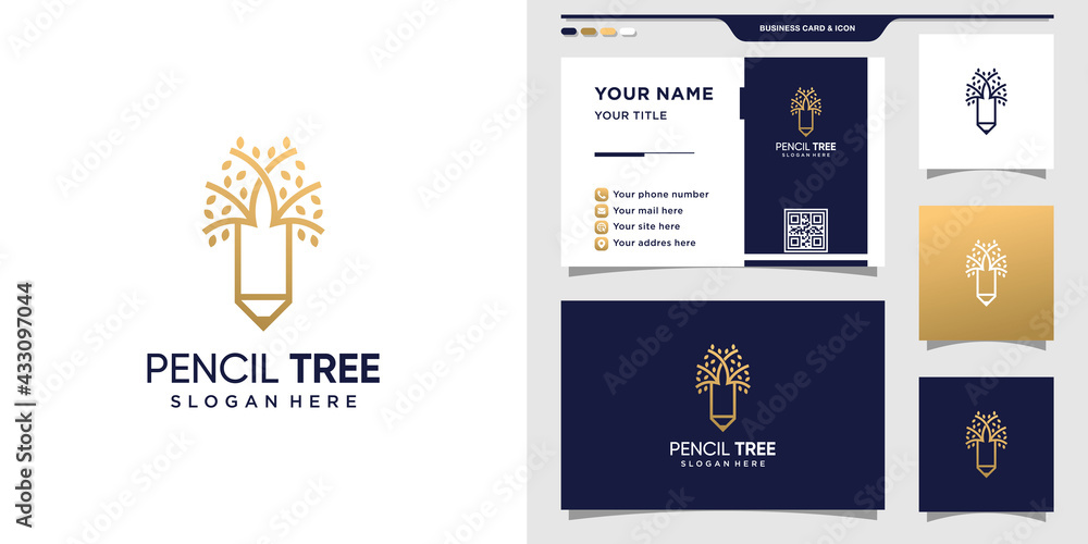 Pencil combined with tree logo and business card design Premium Vector
