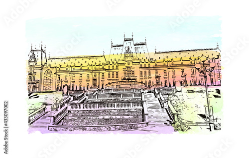 Obraz na płótnie Building view with landmark of Iasi is a university city in eastern Romania. Watercolor splash with hand drawn sketch illustration in vector. w salonie