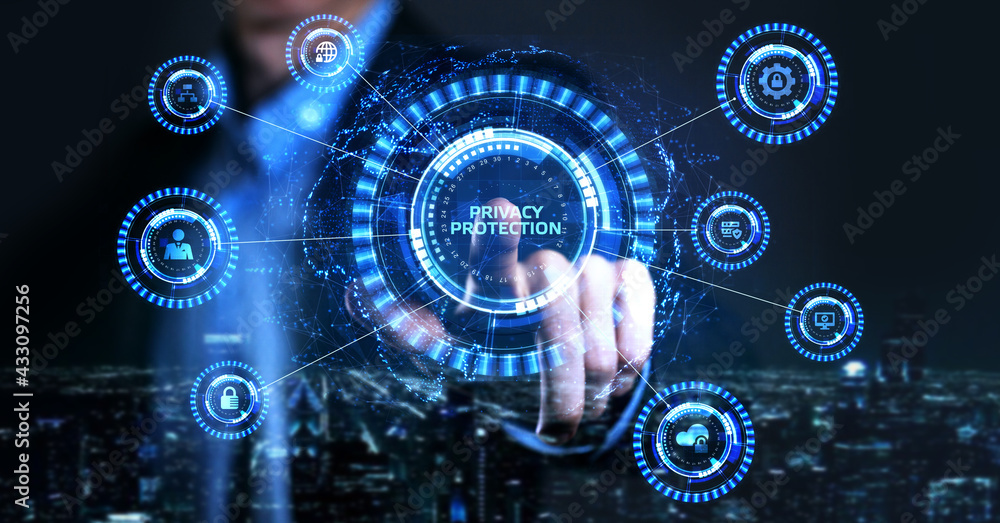 Cyber security data protection business technology privacy concept. Young businessman select the icon Privacy protection on the virtual display. Cyber security data protection business technology privacy concept. Young businessman select the icon Privacy protection on the virtual display.