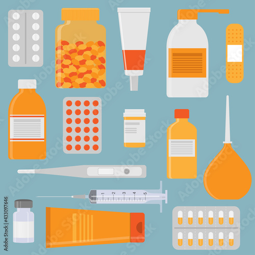 Pharmacy, medicine, hospital set of drugs and different medical objects. Desease treatment