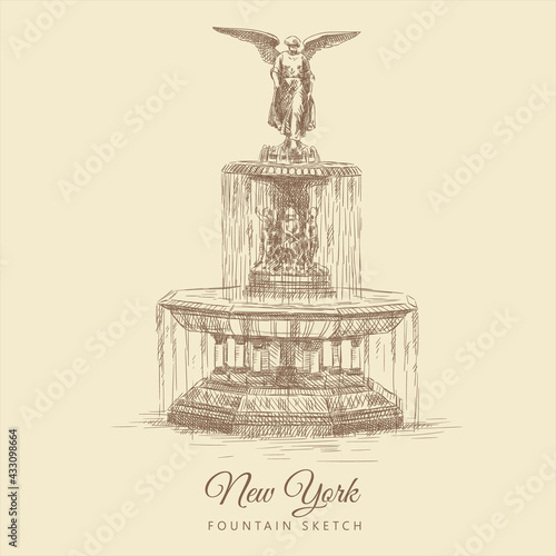 Sketch of the Fountain with sculpture in the Central Park, New York, USA, hand-drawn.