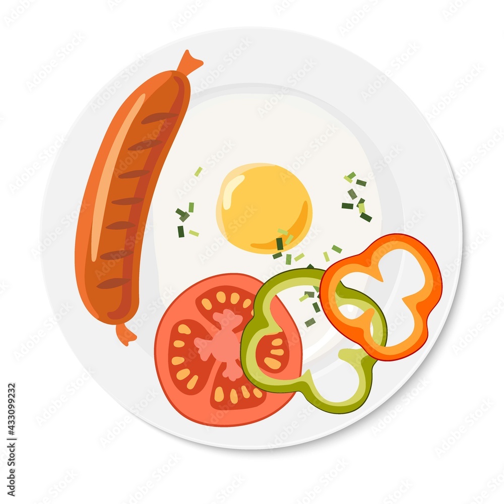 Breakfast. One fried egg, pieces of paprika and tomato, sausage on round white plate. Overhead view of isolated food. Vector illustration on white background. Flat design for menu, cafe, restaurant. Breakfast. One fried egg, pieces of paprika and tomato, sausage on round white plate. Overhead view of isolated food. Vector illustration on white background. Flat design for menu, cafe, restaurant.