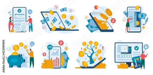 Online banking. Finance management using phone or laptop. Internet payment, money transaction, finance growth, bank deposit concept vector set. Saving and investing cash, credit card usage photo