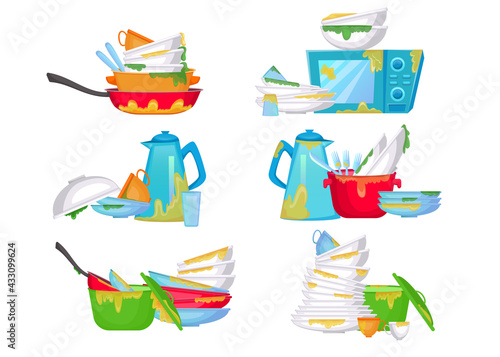 Piles of dirty dishes vector illustrations set. Stacks of plates and cups with pieces of food, greasy kitchenware or utensils isolated on white background. Kitchen, household, chores, cleaning concept