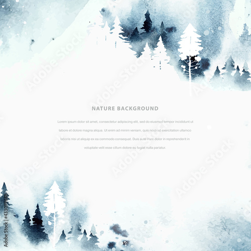 Watercolor winter vector template in blue and white colors. Сoniferous forest, mountain and abstract watercolor vector splashes