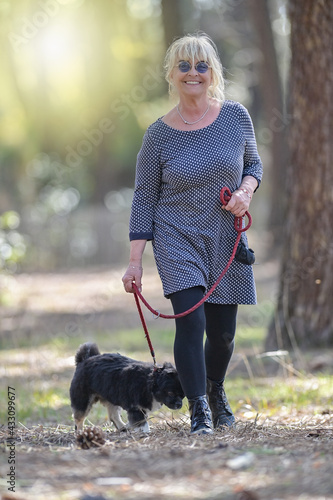 Lonely retired widow woman walking her dog outdoor