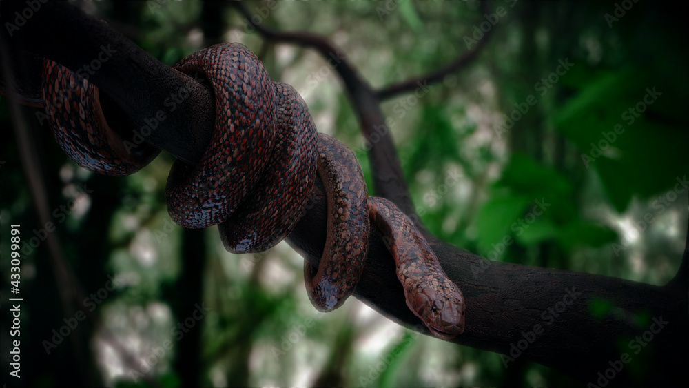 King cobra snake coil on big tree in forest with 3d rendering. Stock ...