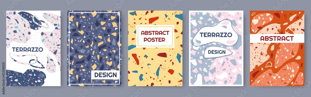 Obraz premium Terrazzo poster. Abstract modern card template with colorful stone or granite texture. Elegant banner, magazine cover with organic shapes vector set. Bright trending mosaic with frames
