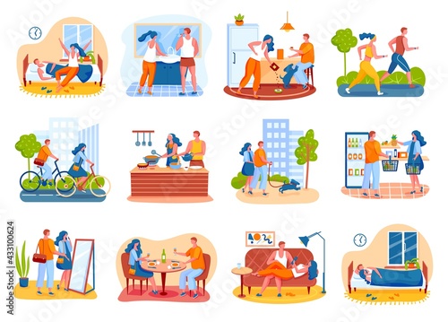 Couple daily routine. Cooking together, jogging, going on date, romantic dinner. Everyday life of man and women in relationship vector set. Characters walking with dog and shopping in grocery store