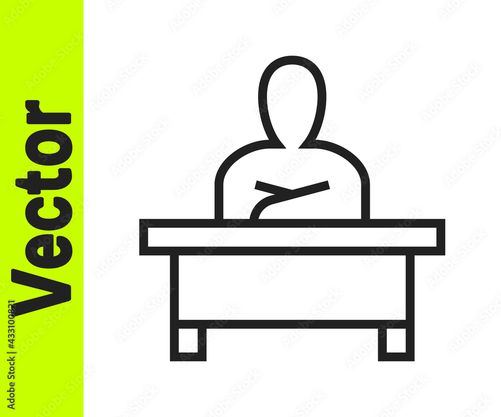 Black line Schoolboy sitting at desk icon isolated on white background. Vector Black line Schoolboy sitting at desk icon isolated on white background. Vector