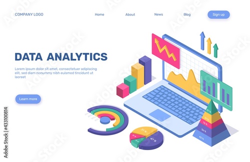 Data analytics landing page. 3d isometric business statistical analysis concept with pie chart, graph, diagram, laptop. Webpage vector template. Finance report, digital information