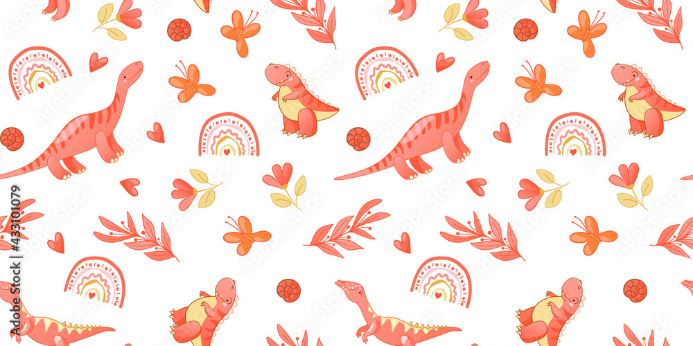 Fototapeta premium Seamless cute dinosaur pattern. Colorful dino background for kids. Childish vector design for textile and packaging, nursery wallpaper