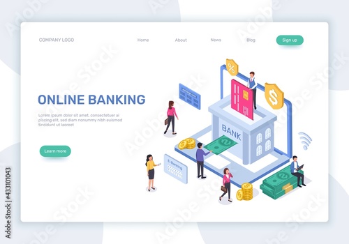 Online banking landing page. 3d isometric online finance management concept. Secure payments, money transactions vector web template. Electronic bank with employees and clients web page