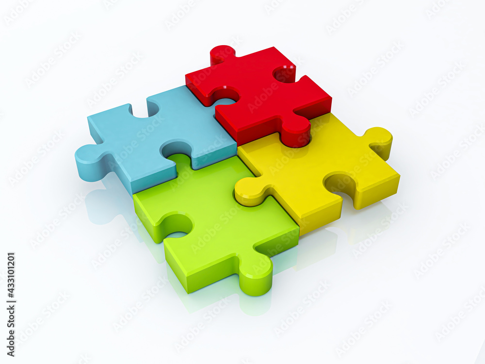 Four assembling color puzzle pieces isolated on white background. 3d Render Four assembling color puzzle pieces isolated on white background. 3d Render