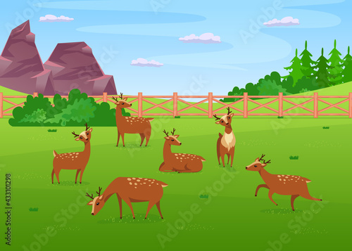 Deer grazing in meadow flat vector illustration. Little cute deer eating grass, lying, running and relaxing in nature landscape. Nature, wild animal, zoo concept for banner design or landing page