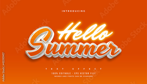 Hello Summer Text in Orange Cartoon Style and Glowing Neon Effect. Editable Text Effect