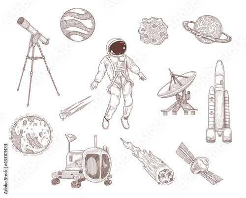 Space and galaxy hand drawn vector illustration collection. Vintage sketch of astronaut, moon, Saturn, planets, spaceship, rocket in engraved style. Adventure and cosmic concept