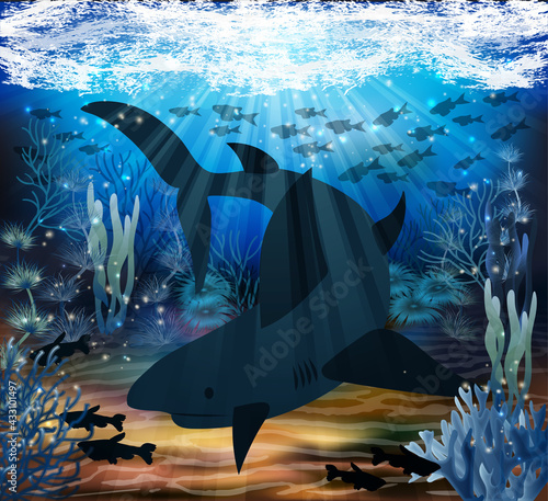 Underwater background with shark, vector illustration