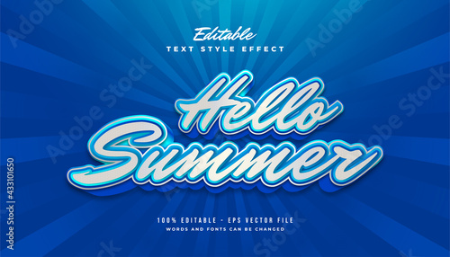 Hello Summer Text in White and Blue with Vintage Style. Editable Text Effect