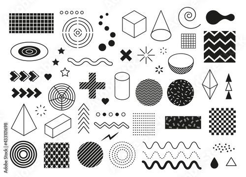 Abstract geometric shapes. Modern minimal graphic elements. Wave, triangle, line half circle, cube shape. Memphis design element vector set. Curved and dashed lines, swirls and stars