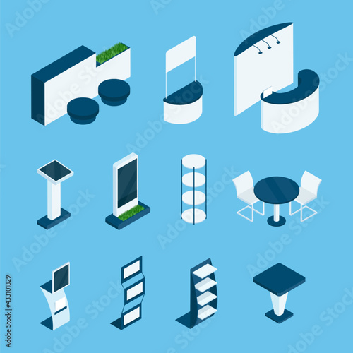 Isometric exhibition stands. Empty expo booth, display kiosk and table, stall for demo product showroom 3d vector interior elements. Trade zone with screens, shelves, advertising construction