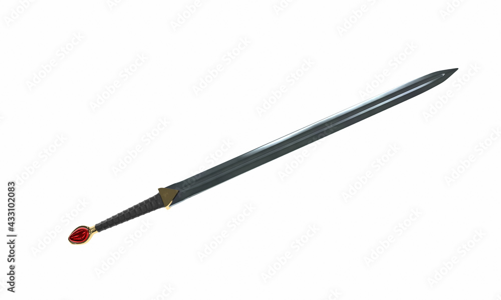A fantasy long sword, with a skull and gold on an isolated white background. 3d illustration A fantasy long sword, with a skull and gold on an isolated white background. 3d illustration