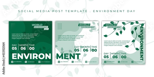 World Environment Day design with green leaf vector illustration. Set of Social media post template.